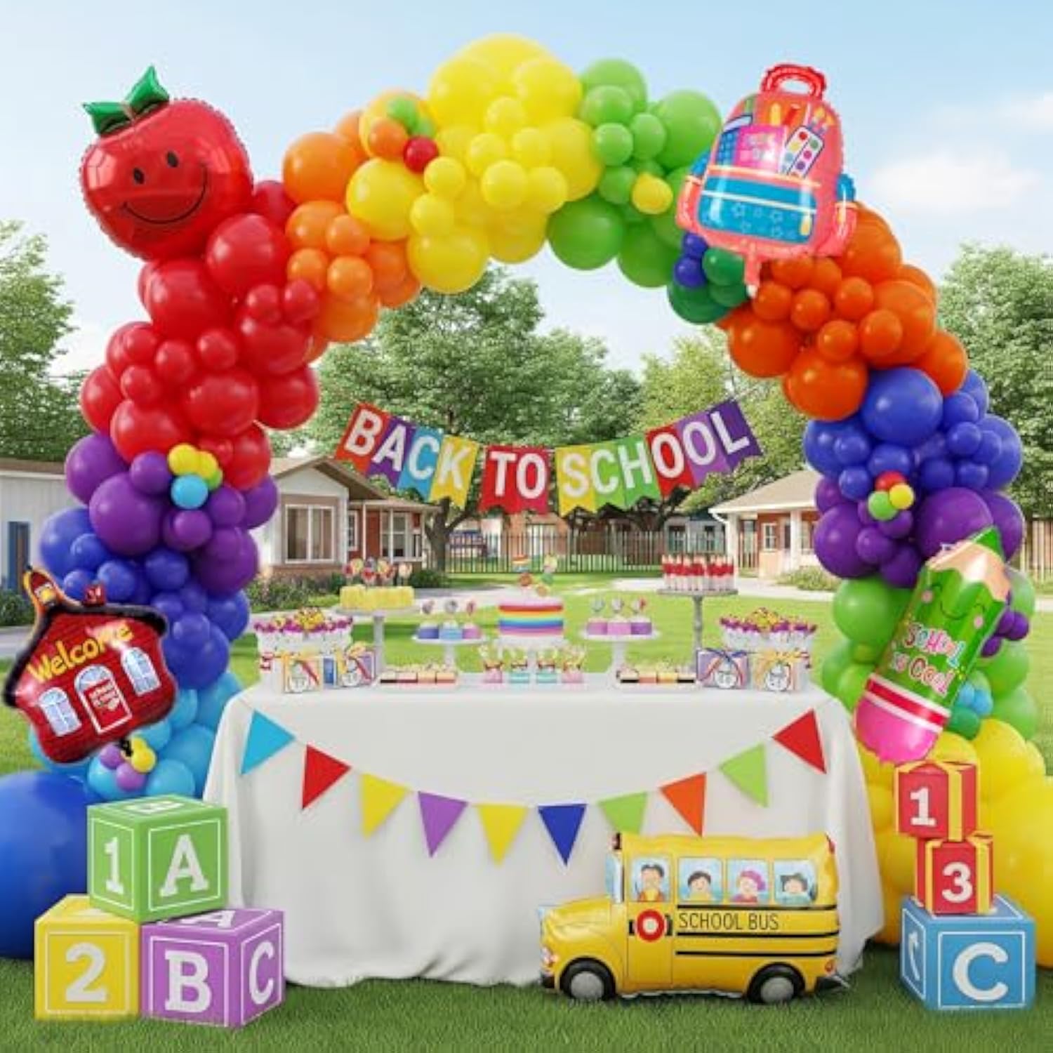 Wellcome Back To School Balloon Garland Arch Kit 120Pcs With Apple School Bus Classroom Pencil Mylar Balloon For Back To School Kid Birthday Party Decorations