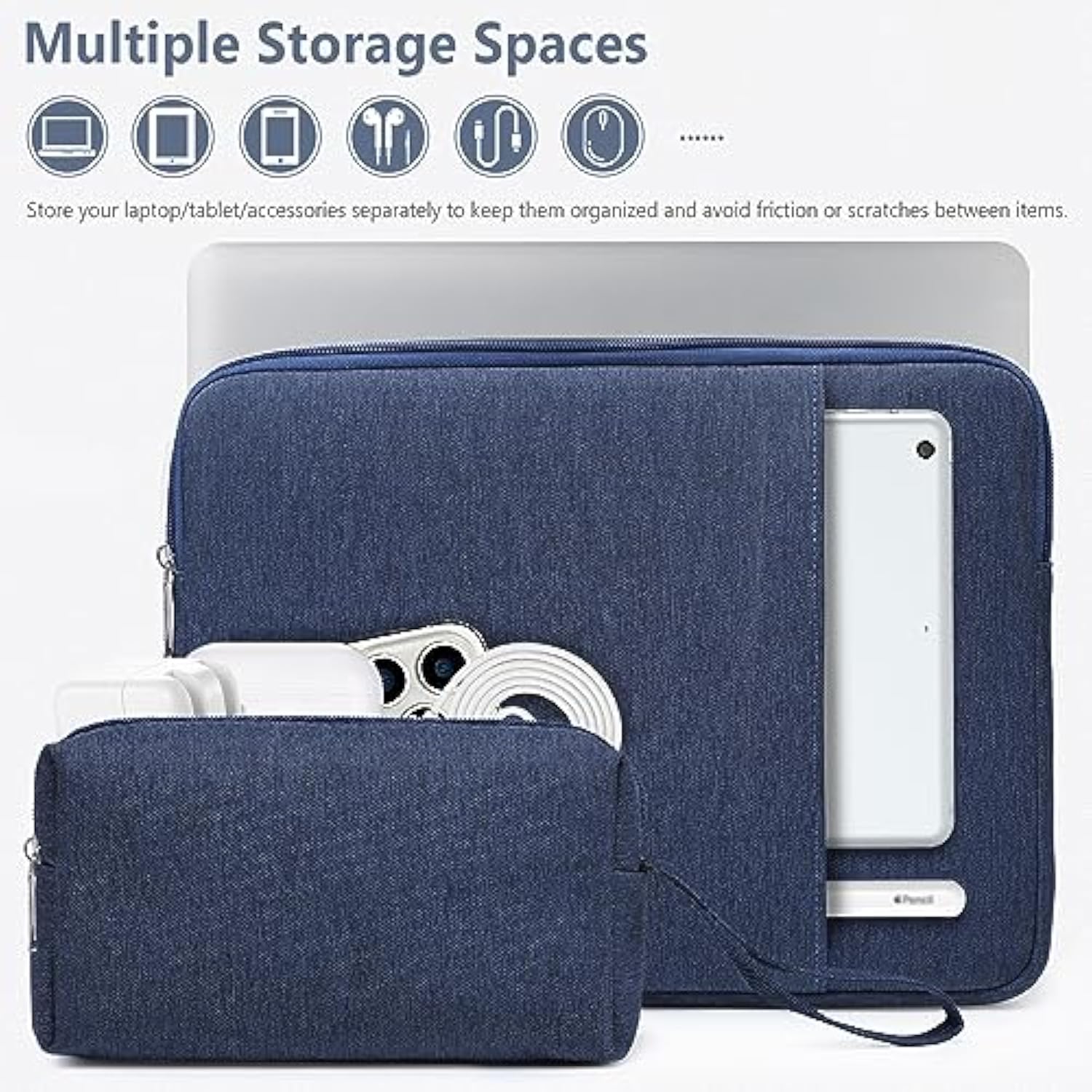 15-16 Inch Laptop Sleeve Bag Set For Macbook Pro 16 M4/M3/M2/M1 Pro/Max, 15" Surface Book, Notebook Case For 15" 15.6" Hp Dell Lenovo Thinkbook Asus Acer Samsung Huawei, Navy Blue