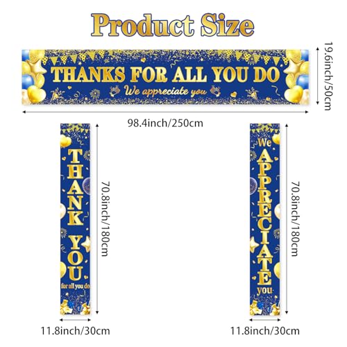 We Appreciate You Banner Decorations, 3 PCS Blue and Gold Thank You Banners