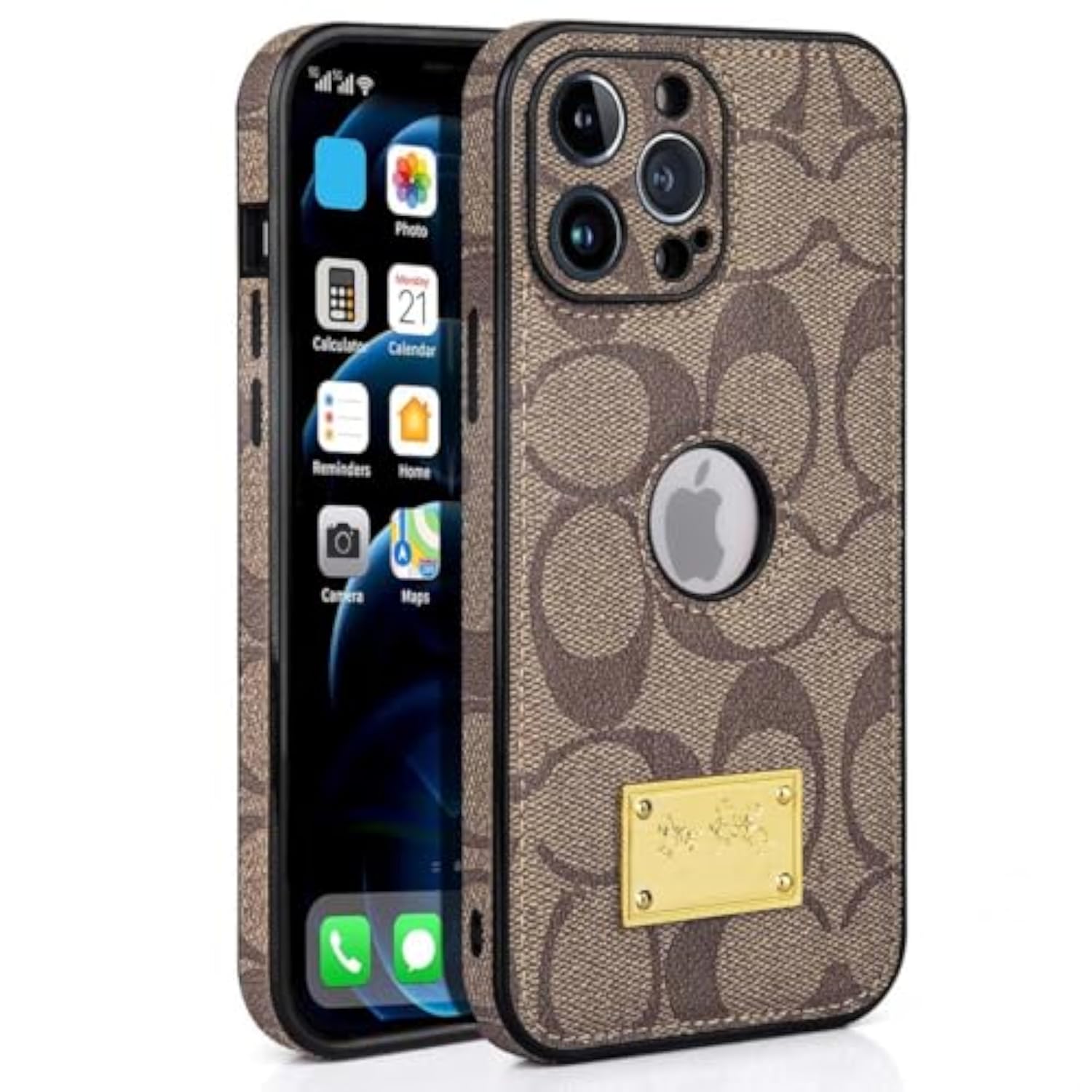 Luxury Designer Leather Case for iPhone 16 Pro Max with Camera Lens Protector and Logo View