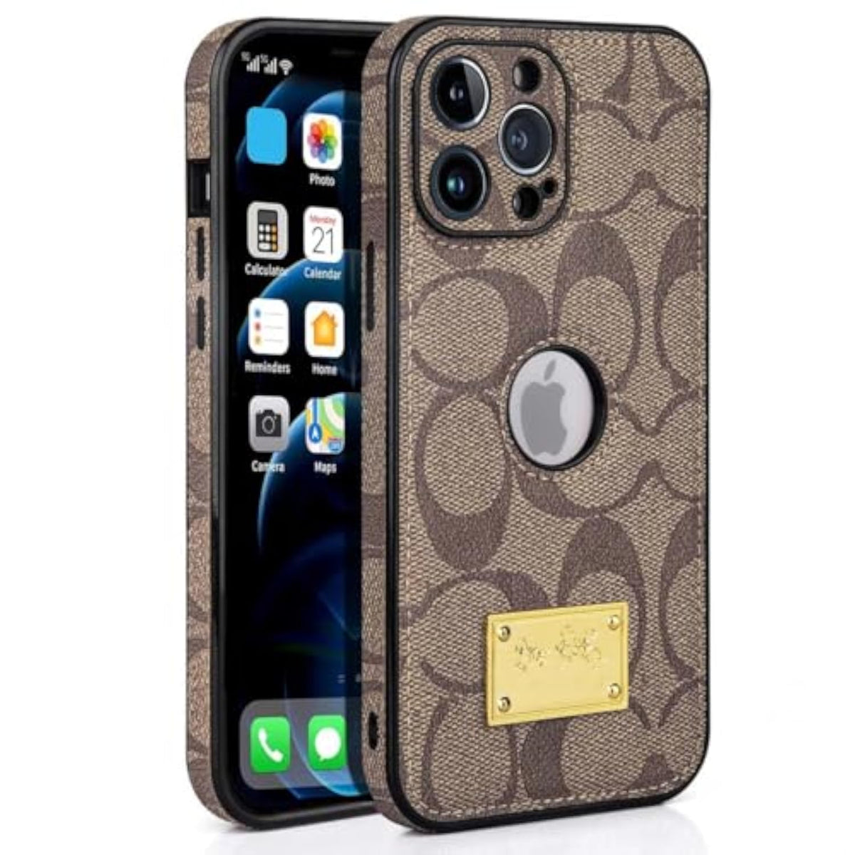 Luxury Designer Leather Case for iPhone 16 Pro Max with Camera Lens Protector and Logo View