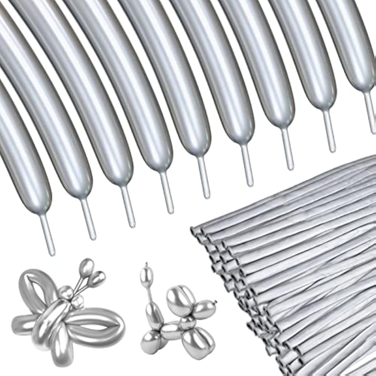 100-Pack Silver Metallic 260 Long Balloons – Shiny Latex Modeling Balloons for DIY Parties & Events