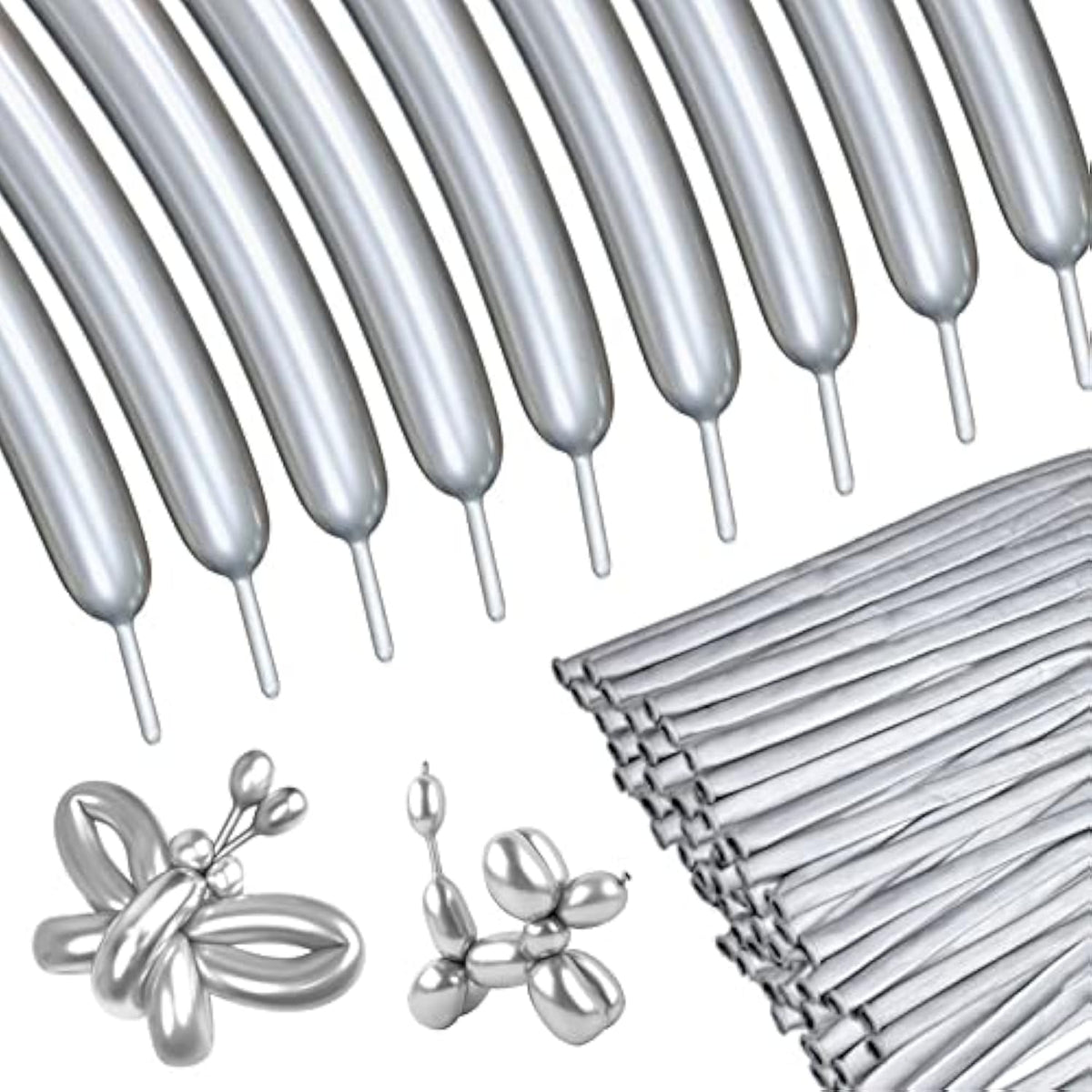 100-Pack Silver Metallic 260 Long Balloons – Shiny Latex Modeling Balloons for DIY Parties & Events