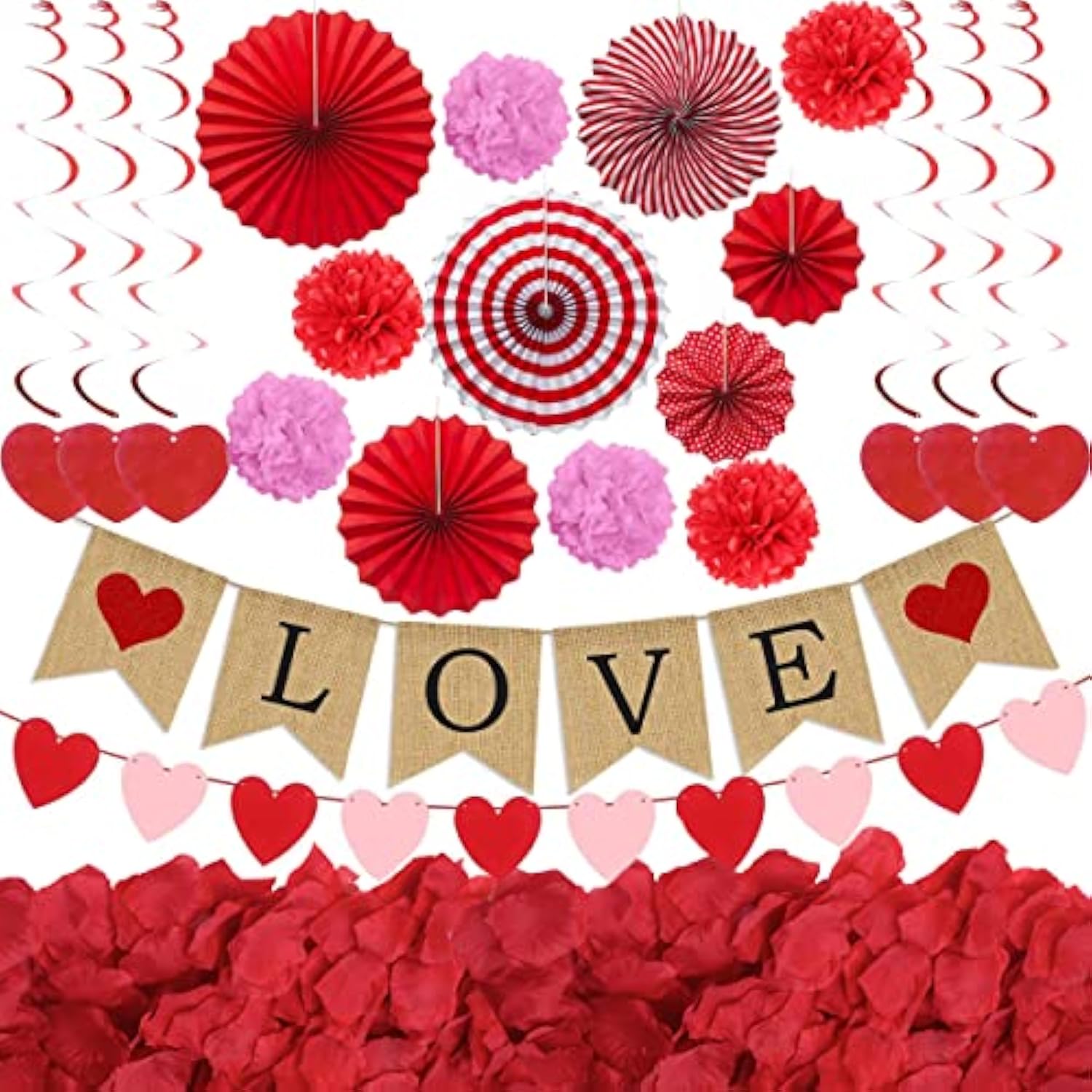 Valentines Decor Kit With 1 Love Banner, 1 Hearts Felt Garland, 6 Paper Fans, 6 Paper Flower Balls, 6 Hanging Swirls, 200 Rose Petals For Valentines Decorations Wedding Party Supplies