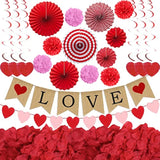 Valentines Decor Kit With 1 Love Banner, 1 Hearts Felt Garland, 6 Paper Fans, 6 Paper Flower Balls, 6 Hanging Swirls, 200 Rose Petals For Valentines Decorations Wedding Party Supplies