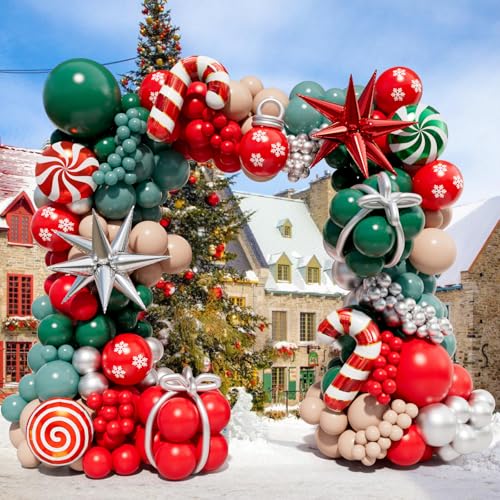 Christmas Balloon Garland Arch Kit with 160Pcs Red Green Silver and Peach Nude Balloon, Cane Candy Foil Balloons, Silver Starburst Balloons for Christmas Party Decorations