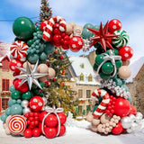 Christmas Balloon Garland Arch Kit with 160Pcs Red Green Silver and Peach Nude Balloon, Cane Candy Foil Balloons, Silver Starburst Balloons for Christmas Party Decorations