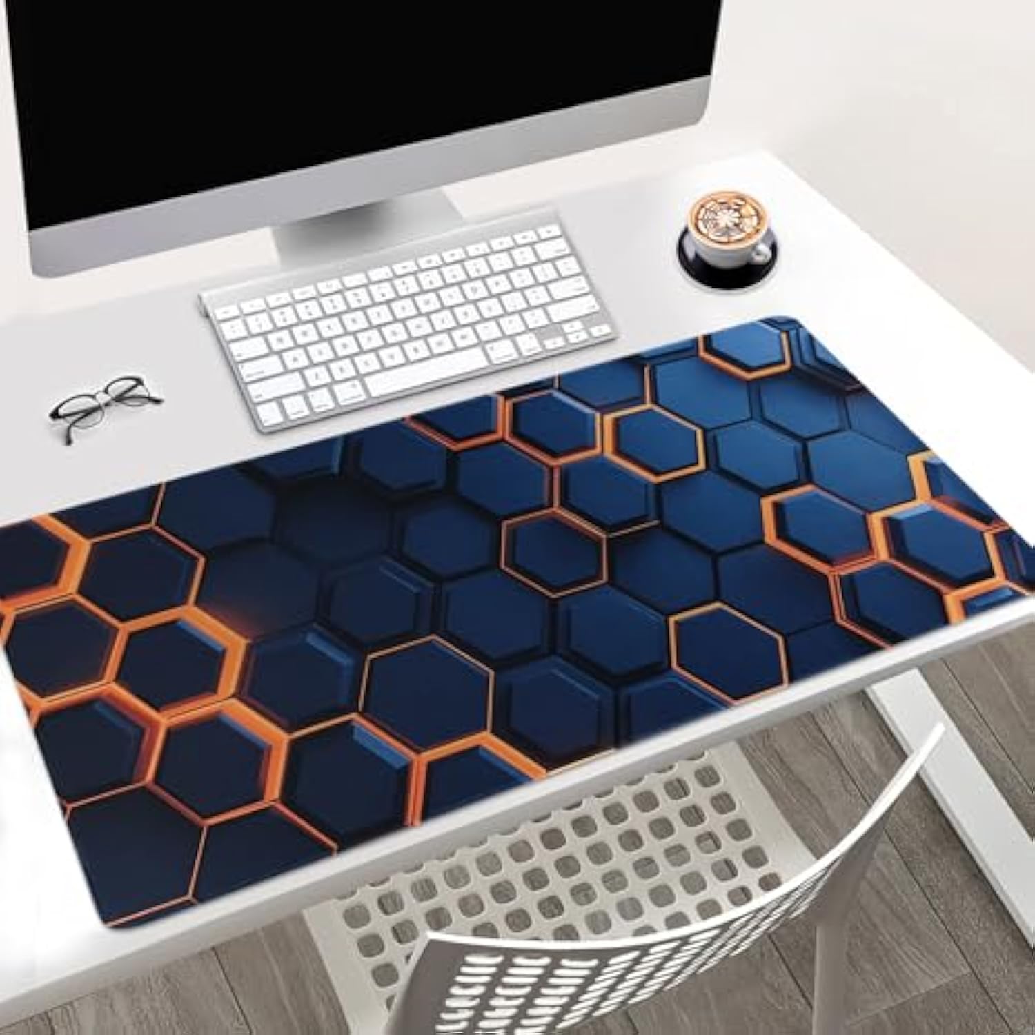 Extended Gaming Mouse Pad, Hexagon Pattern Design, Large Desk Mat 31.5 X 15.7 Inches, Navy Blue And Orange, Non-Slip Base