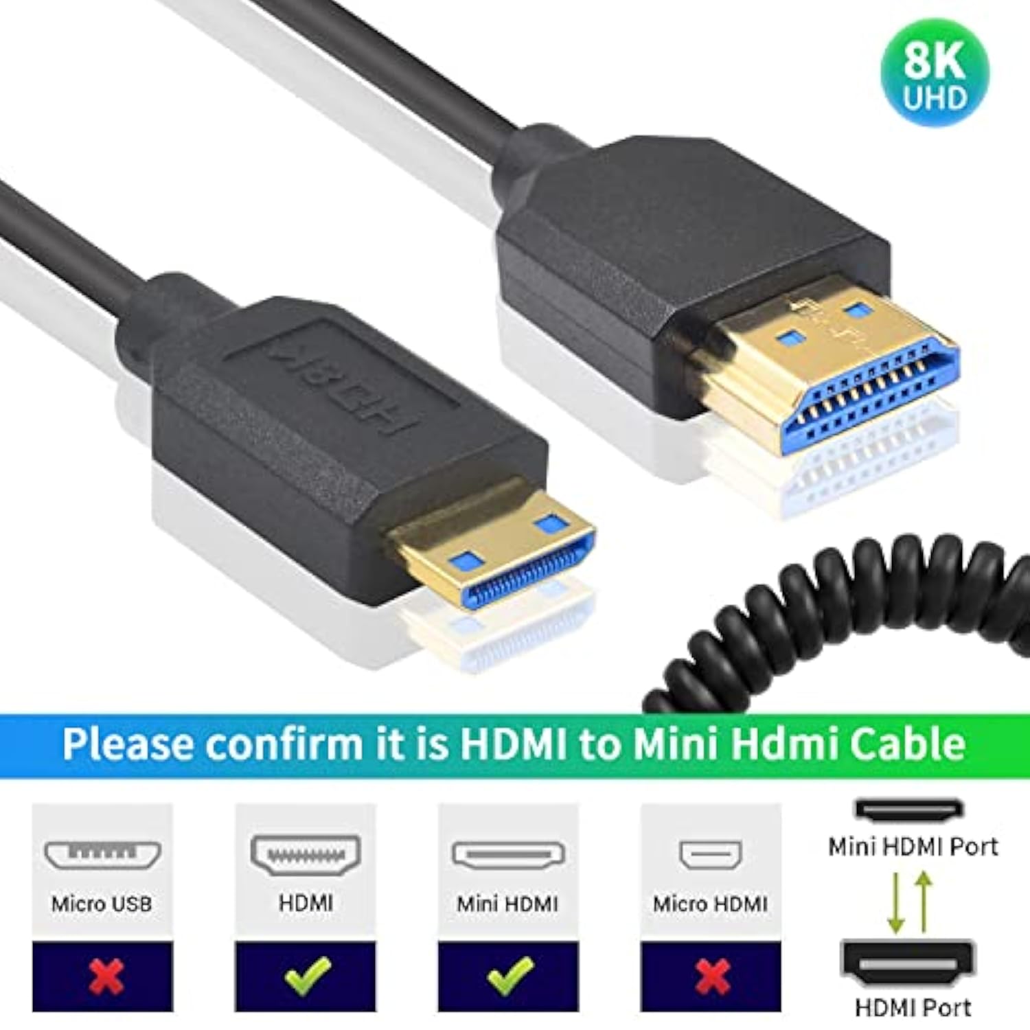 8K Hdmi To Mini Hdmi Coiled Cable, Mini Hdmi To Hdmi 2.1 Version Cable, 48Gbps
