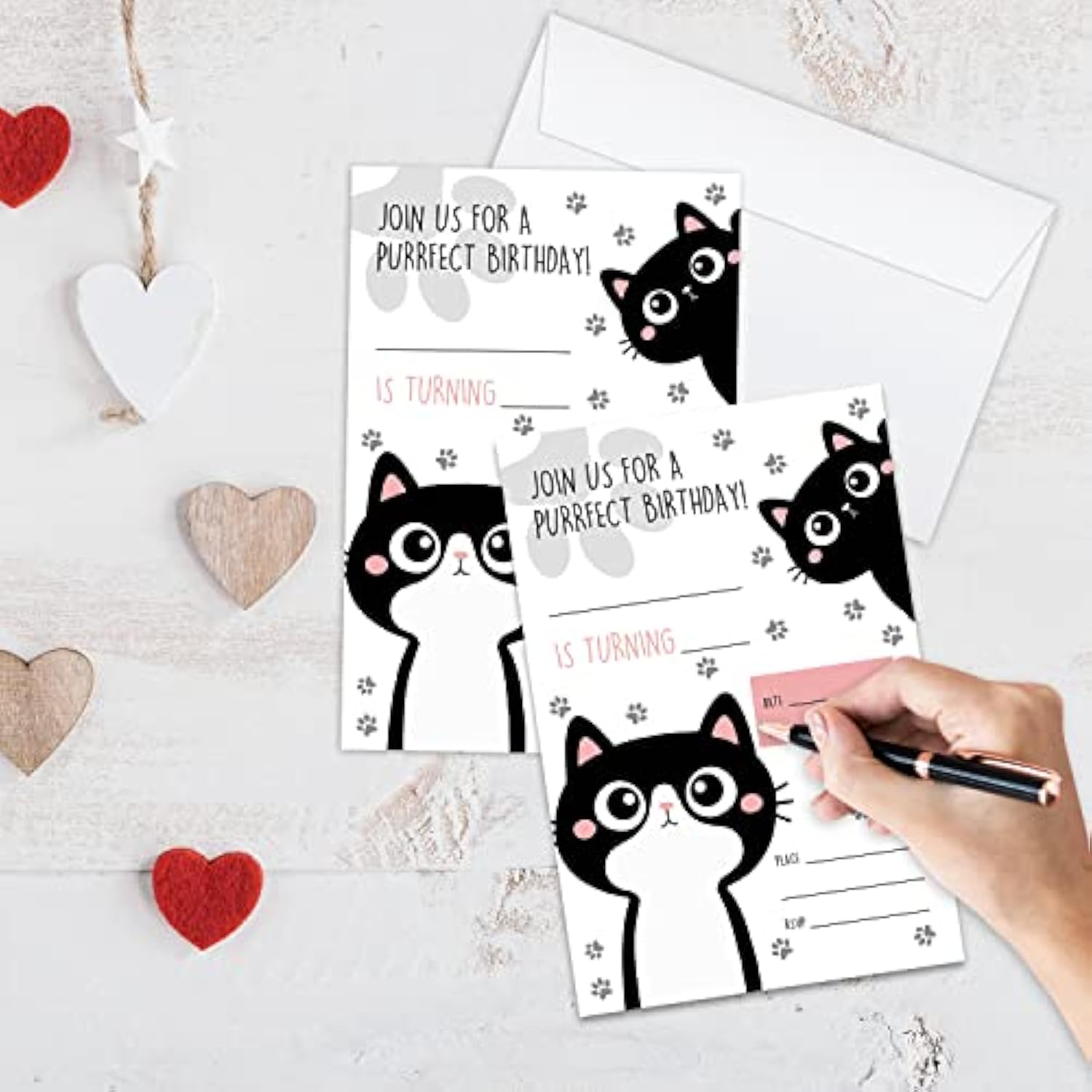 Cat Birthday Invitation Cards, Kitten Party Invites, Kids Happy Birthday Party Decorations Supplies, 20 Fill-In Cards With Envelopes For Boys Or Girls Party Celebration - B13