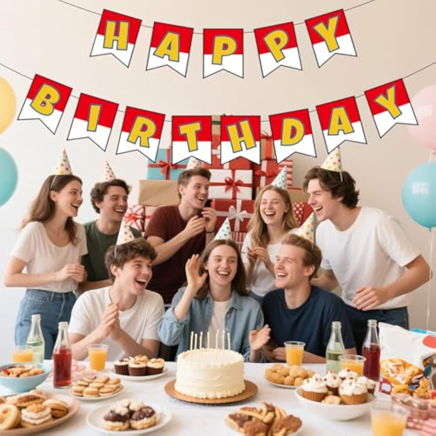 Red & White Cartoon Birthday Banner for Kids & Adults Party Decor