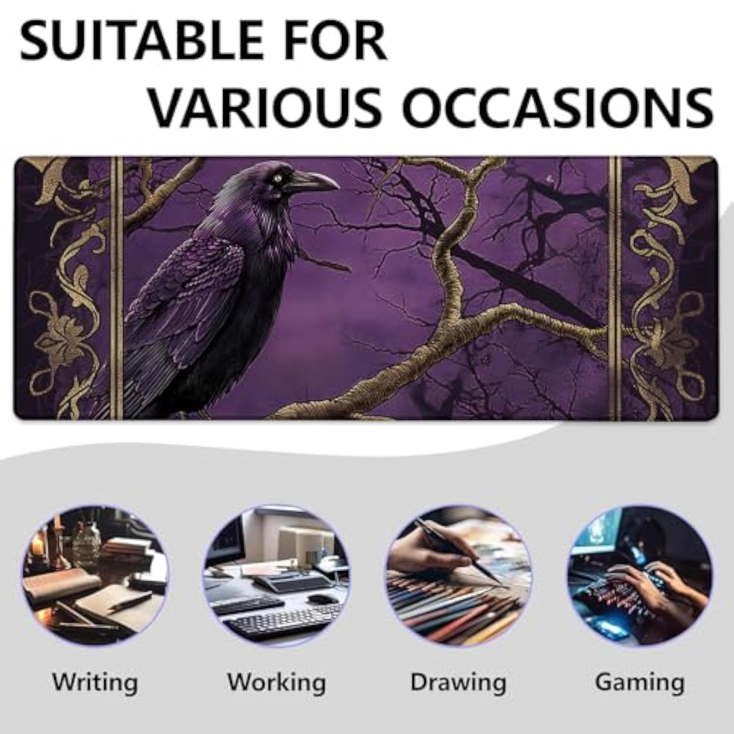 Raven And Tree Large Mouse Pad, Gaming Mouse Pad, Non-Slip Rubber Base, Office Accessories, Desk Mat, Gothic Mousepads For School, Work, Home Decor Gifts 31.5" X 11.8"