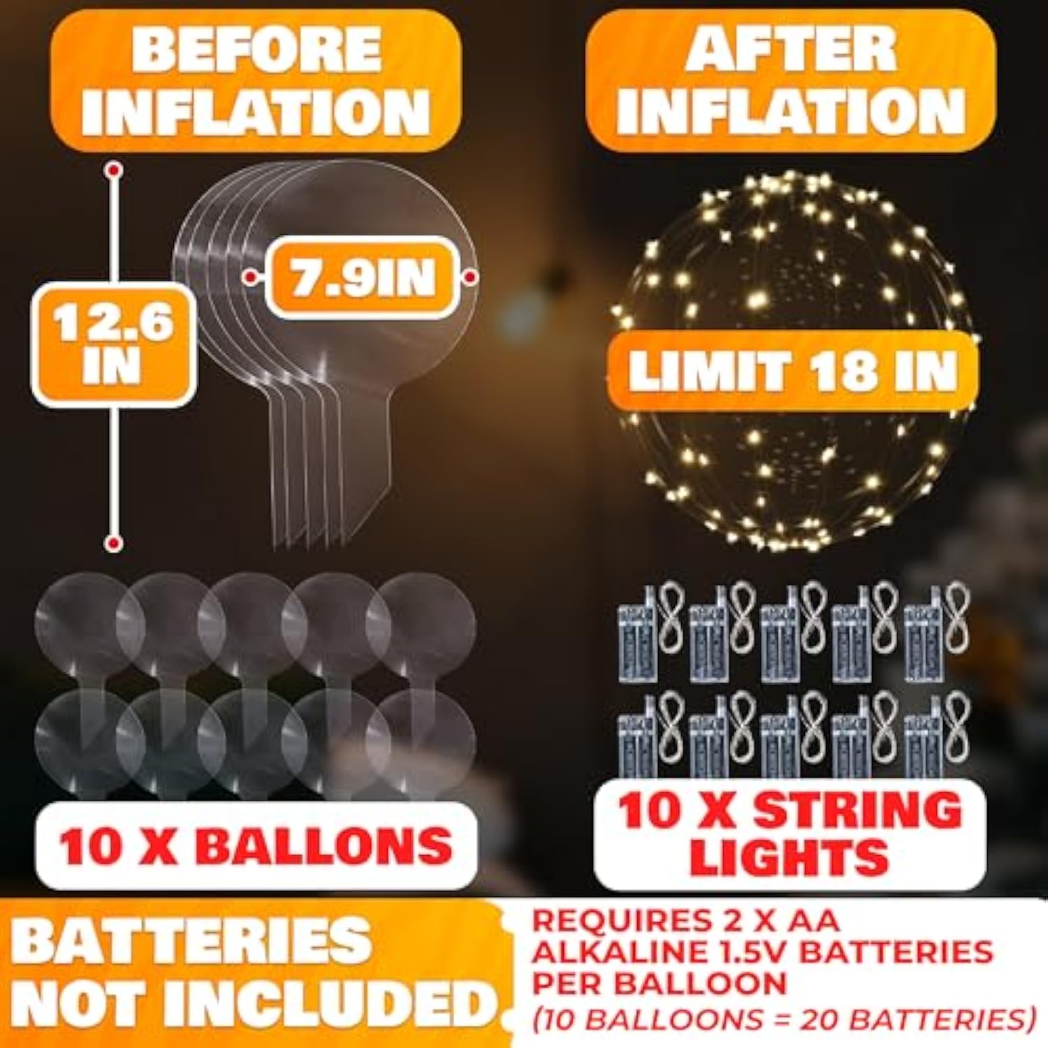 10pk Clear LED Light-Up Balloons 18" for Birthdays, Weddings & Parties