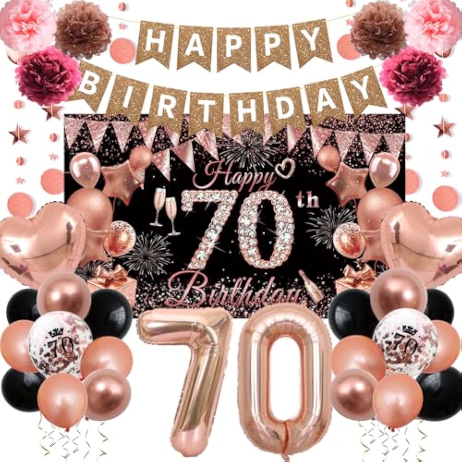 70Th Birthday Decorations For Women, Rose Gold Happy 70Th Birthday Decorations Banner Balloons Pompoms Backdrop Star Streamer, 70Th Birthday Party Supplies Set