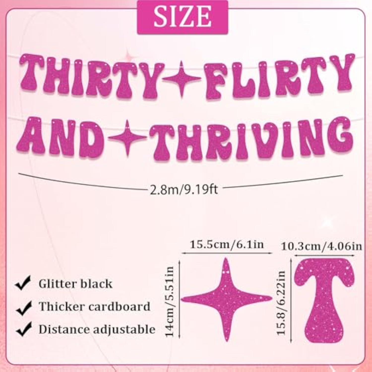 30Th Birthday Banner For Birthday Party Decorations, Pre-Strung Hot Pink Glitter Thirty Flirty And Thriving Banner For 30Th Bday Party Supplies Decor Gifts