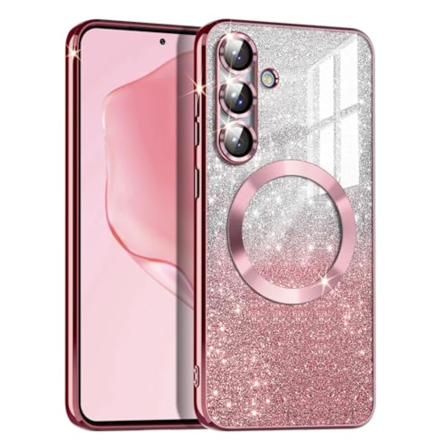 Galaxy S25 Plus 5G Case, MagSafe Compatible, Clear Glitter TPU Bumper, Rose Gold
