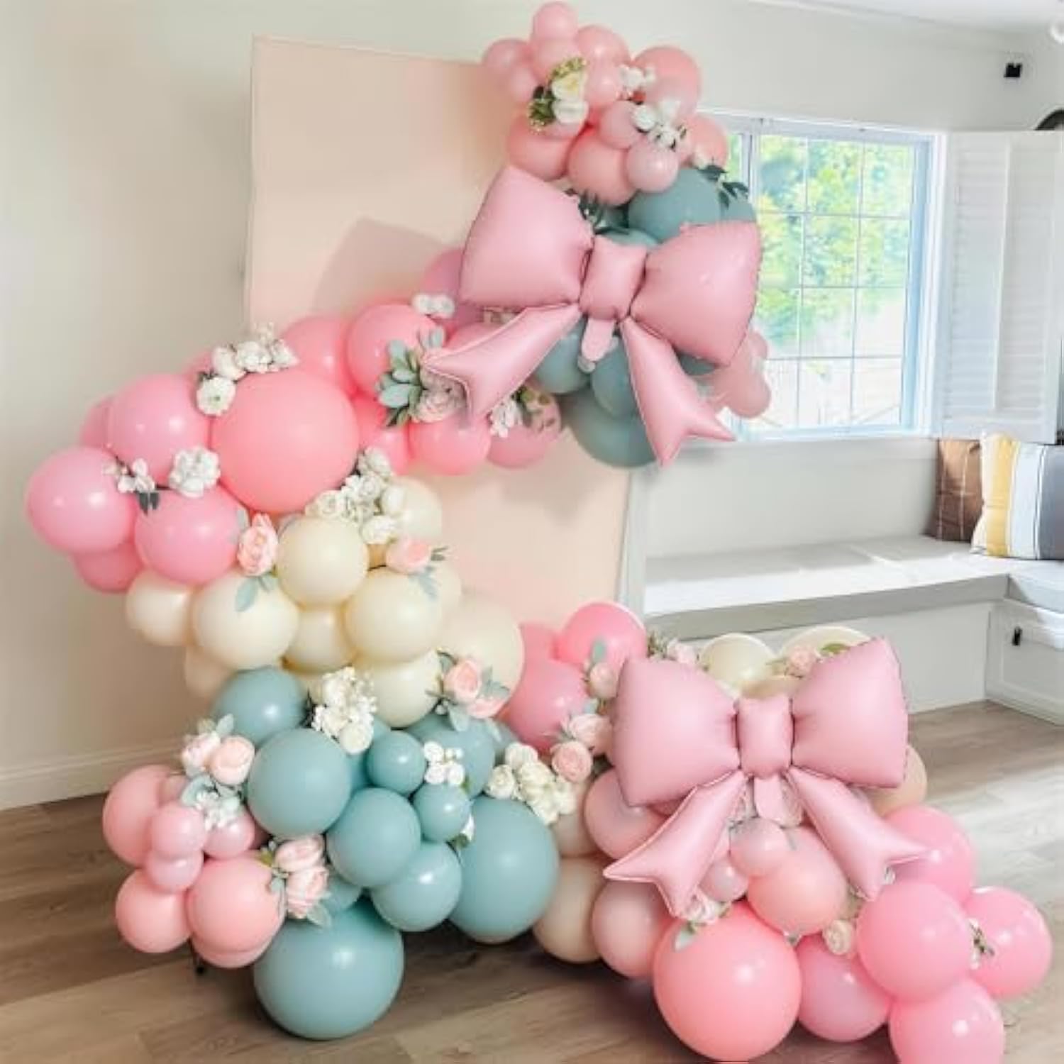 Sage Green Pink Balloon Arch, Pastel Pink Dusty Green Ivory Balloon Garland With Bow Foil Balloons For Girls Wildflower Tea Party Birthday Bridal Baby Shower Wedding Spring Floral Flower Decorations