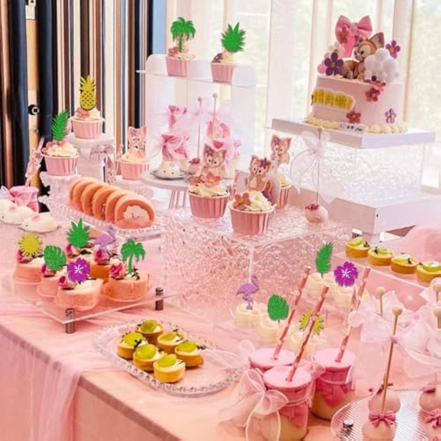 40Pcs Tropical Cupcake Toppers Glitter Leaf Pineapple Flower Palm Tree Flamingo Cupcake Picks Aloha Cake Decorations For Summer Hawaiian Aloha Baby Shower Birthday Wedding Party Cake Supplies