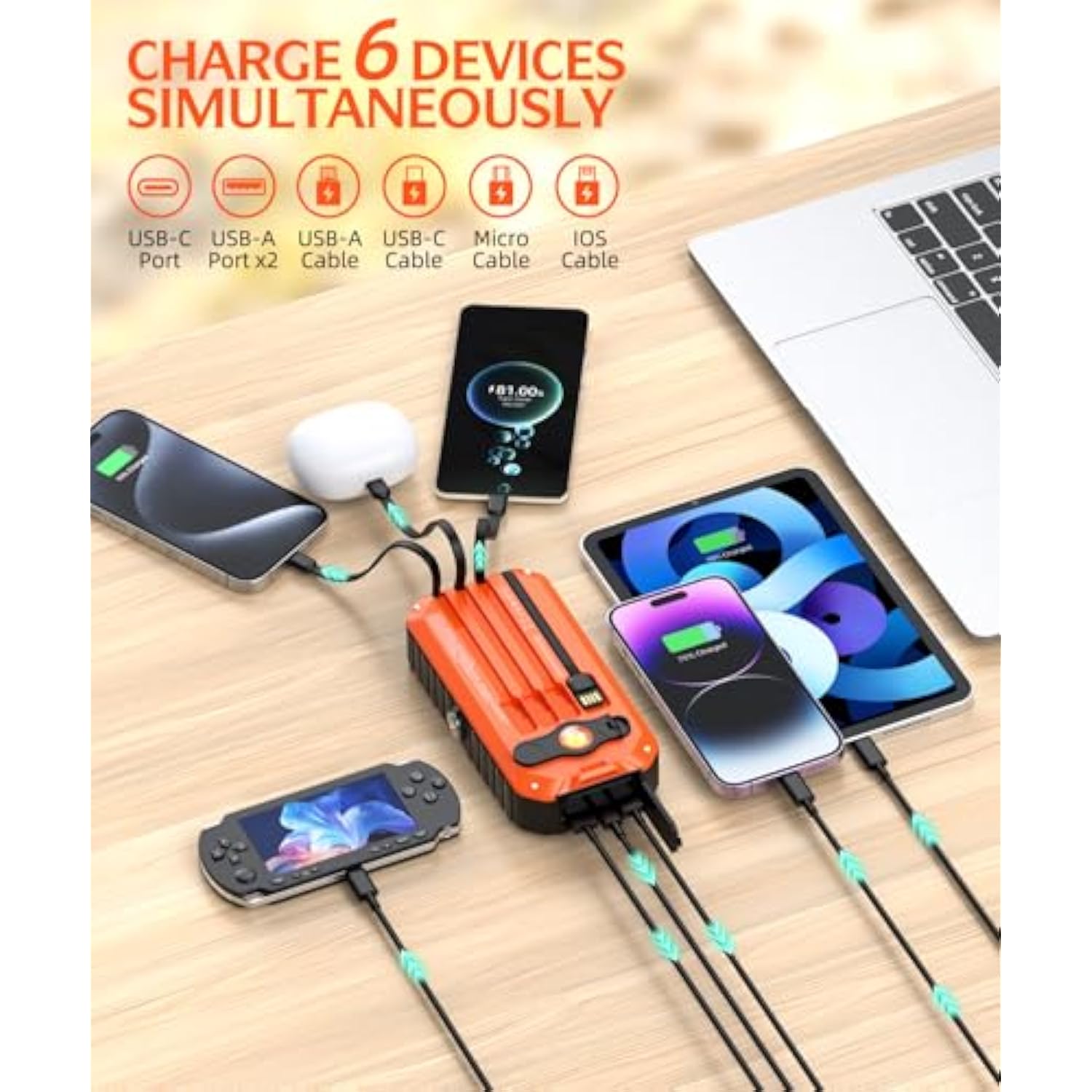 Solar Charger Power Bank 40000Mah Built In 4 Cables And Hand Crank, Portable Charger 22.5W Fast Charger 6 Outputs & 4 Inputs External Battery Pack With Bright Flashlight And Compass