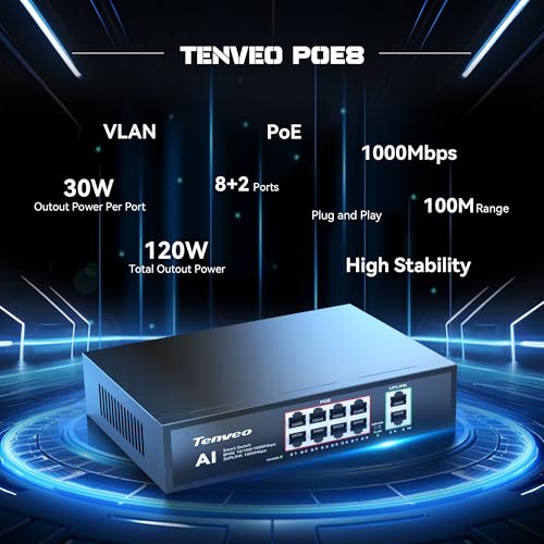 8 Port Full Gigabit Poe Switch, 8 Poe+ Ports @120W, 2*Uplink Port, Plug & Play, Support Vlan, Metal Case, High Stability, Easy Smart Managed Ethernet Switch, Ideal For Various Live Streaming
