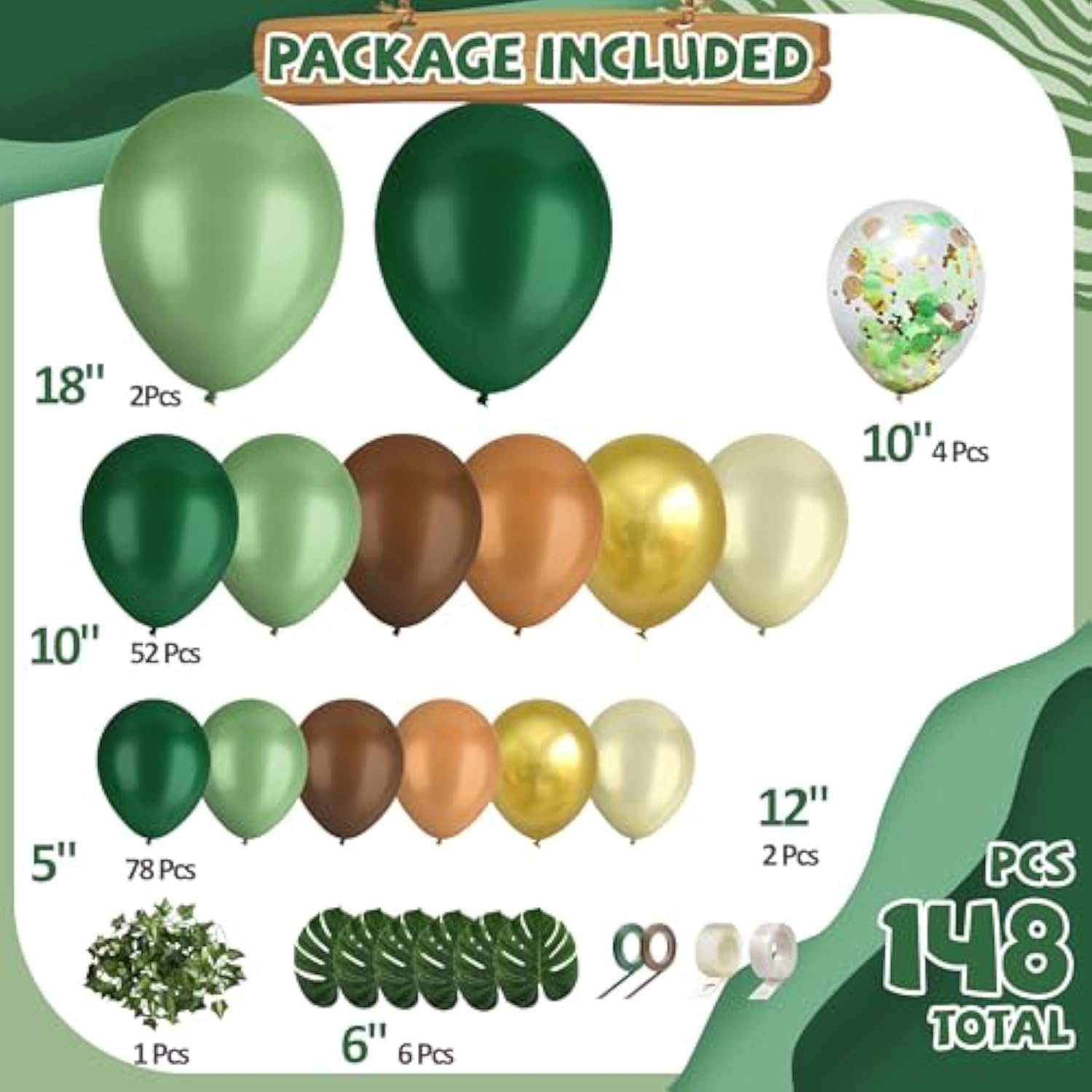 148Pcs Safari Balloon Arch Kit Sage Green Brown Jungle Animal Print Decor