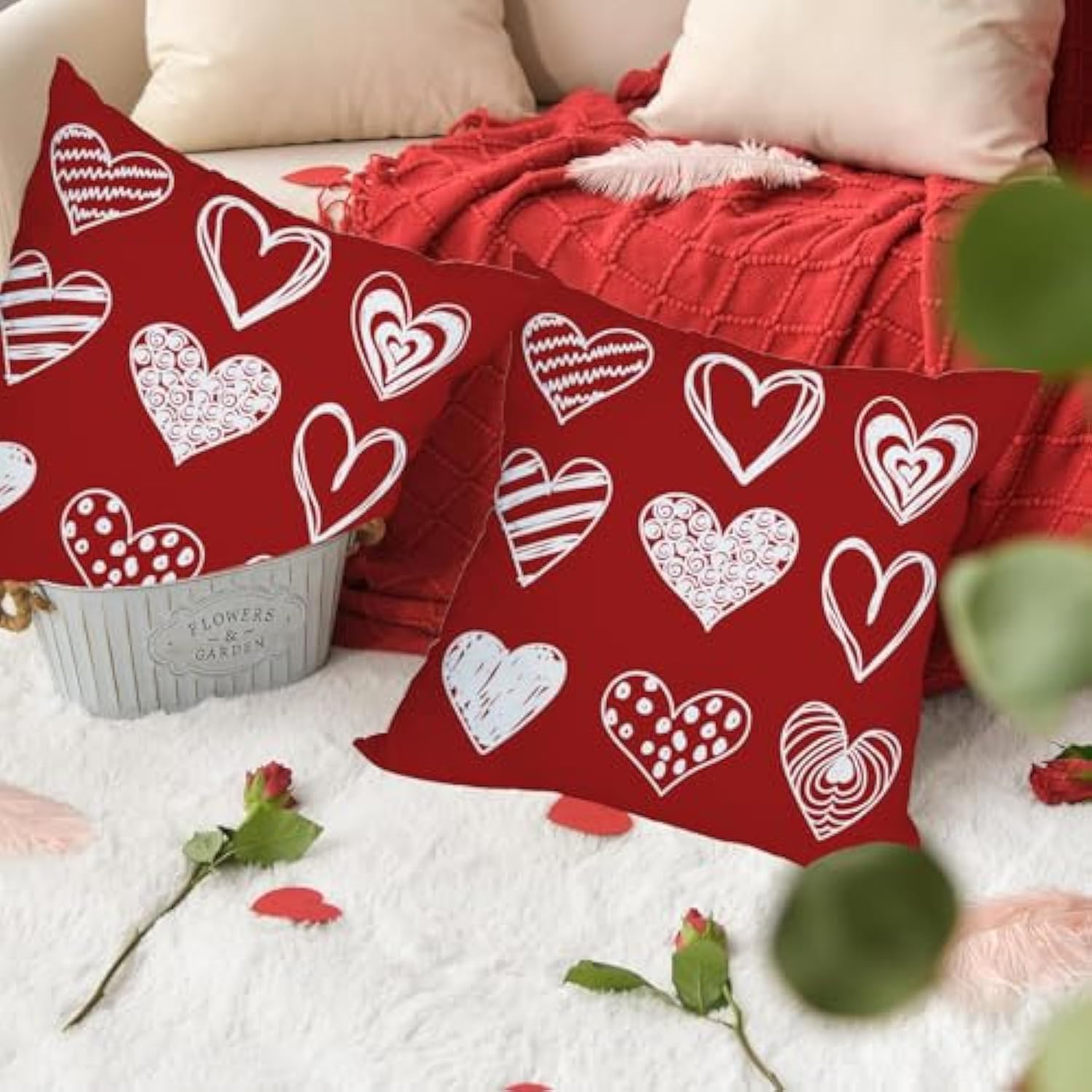 2 Pack Waterproof Outdoor Valentines Day Pillow Covers 24X24 Inch White Red Love Heart Holiday Throw Pillow Cases Romantic Valentine Farmhouse Decorations Cushion Cover Double Sided