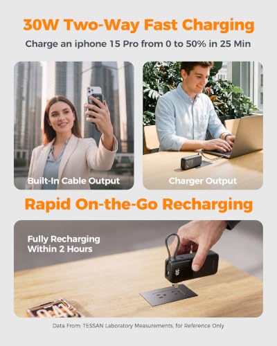 Portable Charger Power Bank 10000mAh, 30W USB C Battery Pack Built in USB C Cable with Foldable Wall Plug, 3 in 1 Portable Phone Charger Compatible
