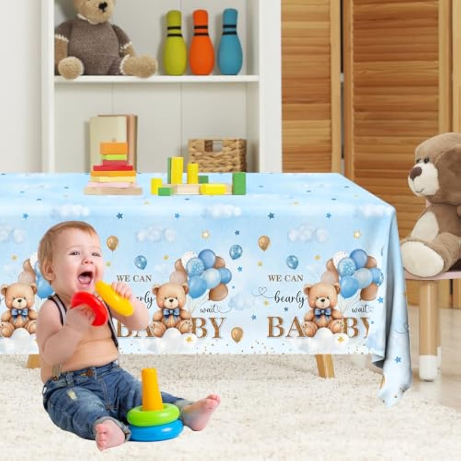 Bear Baby Shower Tablecloth-3 Pack Neutral Baby Tablecloth Balloons Bear Baby Shower Decorations For Boy Gender Reveal Party Decor 51 X 87 Inches