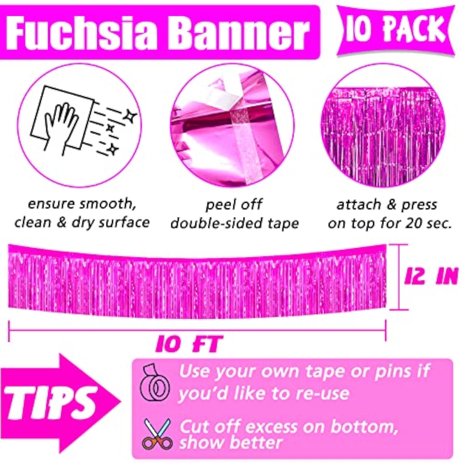 10 Pack 10 Feet Foil Fringe Garland Metallic Tinsel Banner Wall Hanging Curtain Streamers Backdrop For Parade Floats Bachelorette Wedding Birthday Party Thanksgiving Christmas Decorations(Fuchsia)