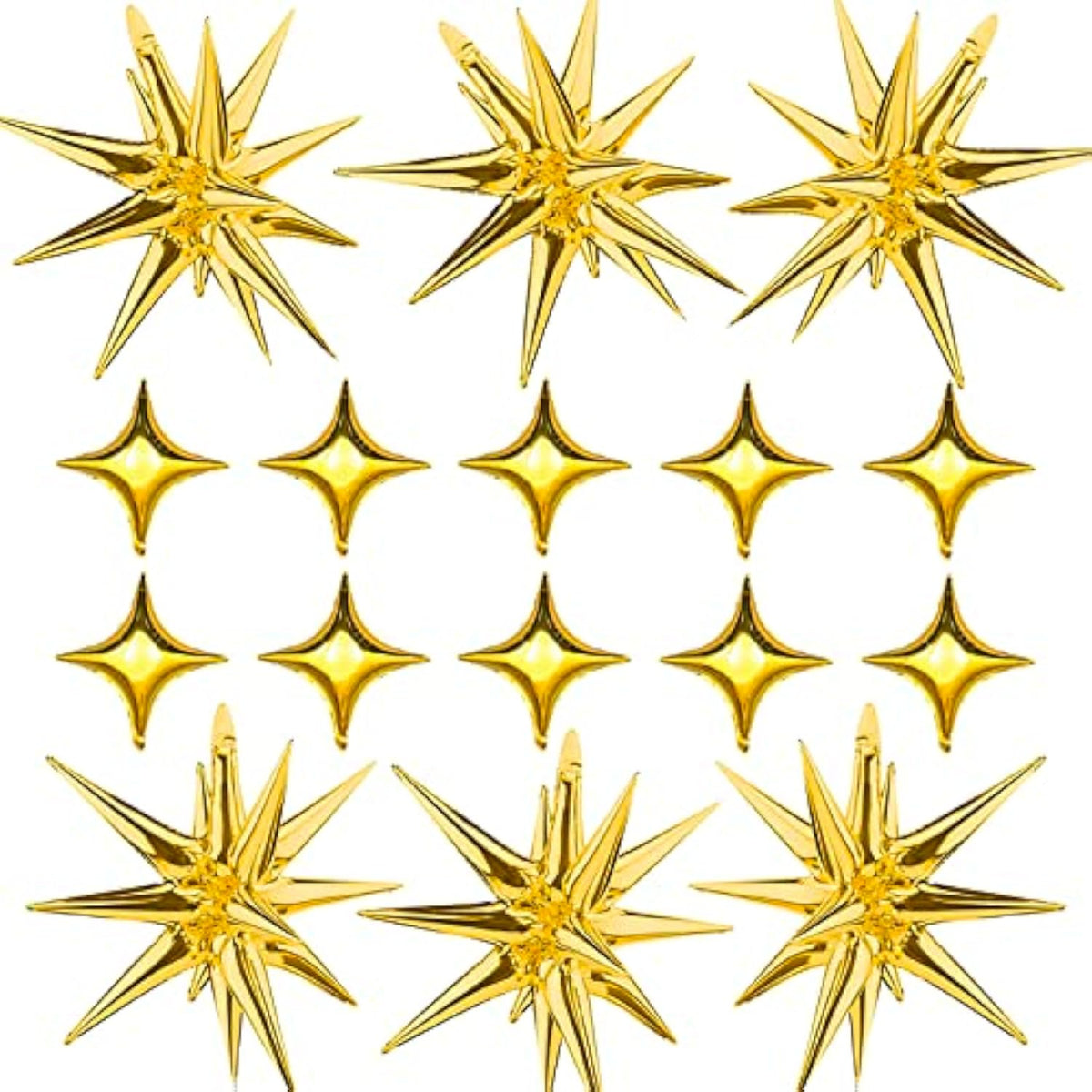Gold Star Foil Balloons Kit - 6 Pack 12 Point Starburst Cone And Spike Balloons With 10Pcs Four Pointed Stars For Wedding, Baby Shower, Photo Booth, Birthday Party Supplies