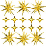 Gold Star Foil Balloons Kit - 6 Pack 12 Point Starburst Cone And Spike Balloons With 10Pcs Four Pointed Stars For Wedding, Baby Shower, Photo Booth, Birthday Party Supplies