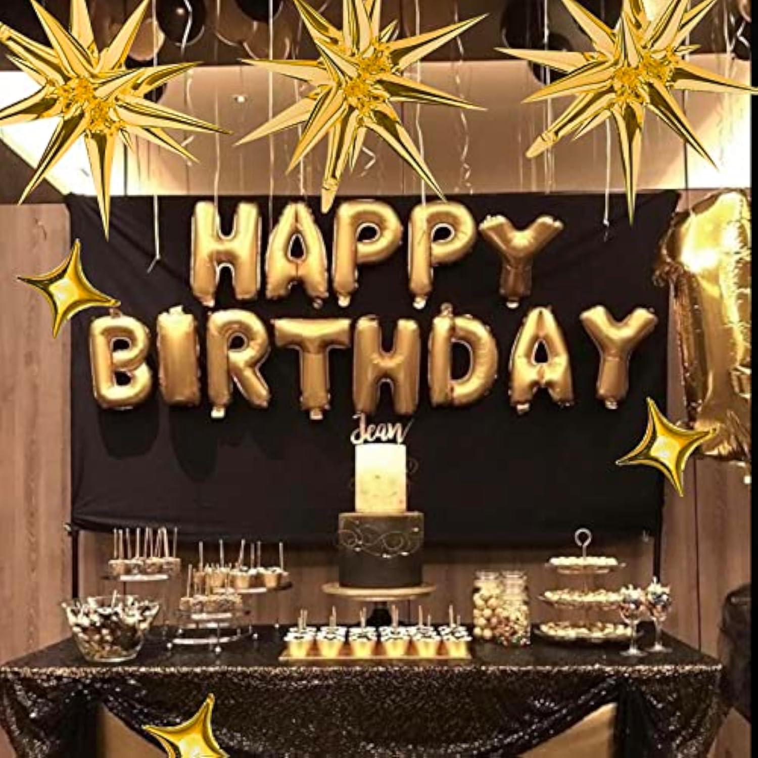 Gold Star Foil Balloons Kit - 6 Pack 12 Point Starburst Cone And Spike Balloons With 10Pcs Four Pointed Stars For Wedding, Baby Shower, Photo Booth, Birthday Party Supplies