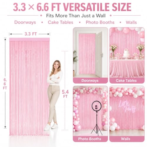 Pastel Pink Foil Fringe Curtains, 2Pack Metallic Tinsel Streamers for Party