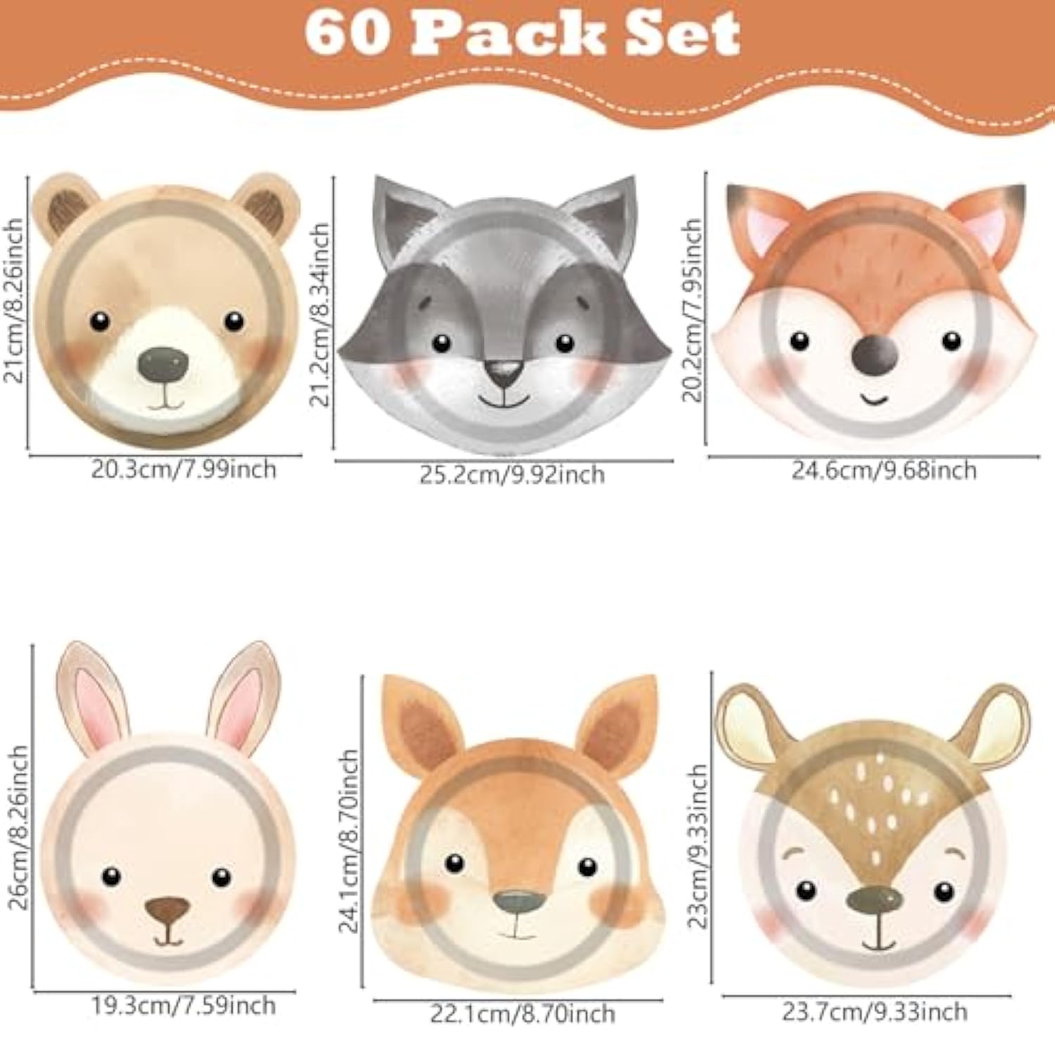60 Count Woodland Party Paper Plates Animal Shaped Disposable Plates Woodland Creatures Tableware Forest Birthday Decorations For Birthday Baby Shower Animal Theme Party Favors