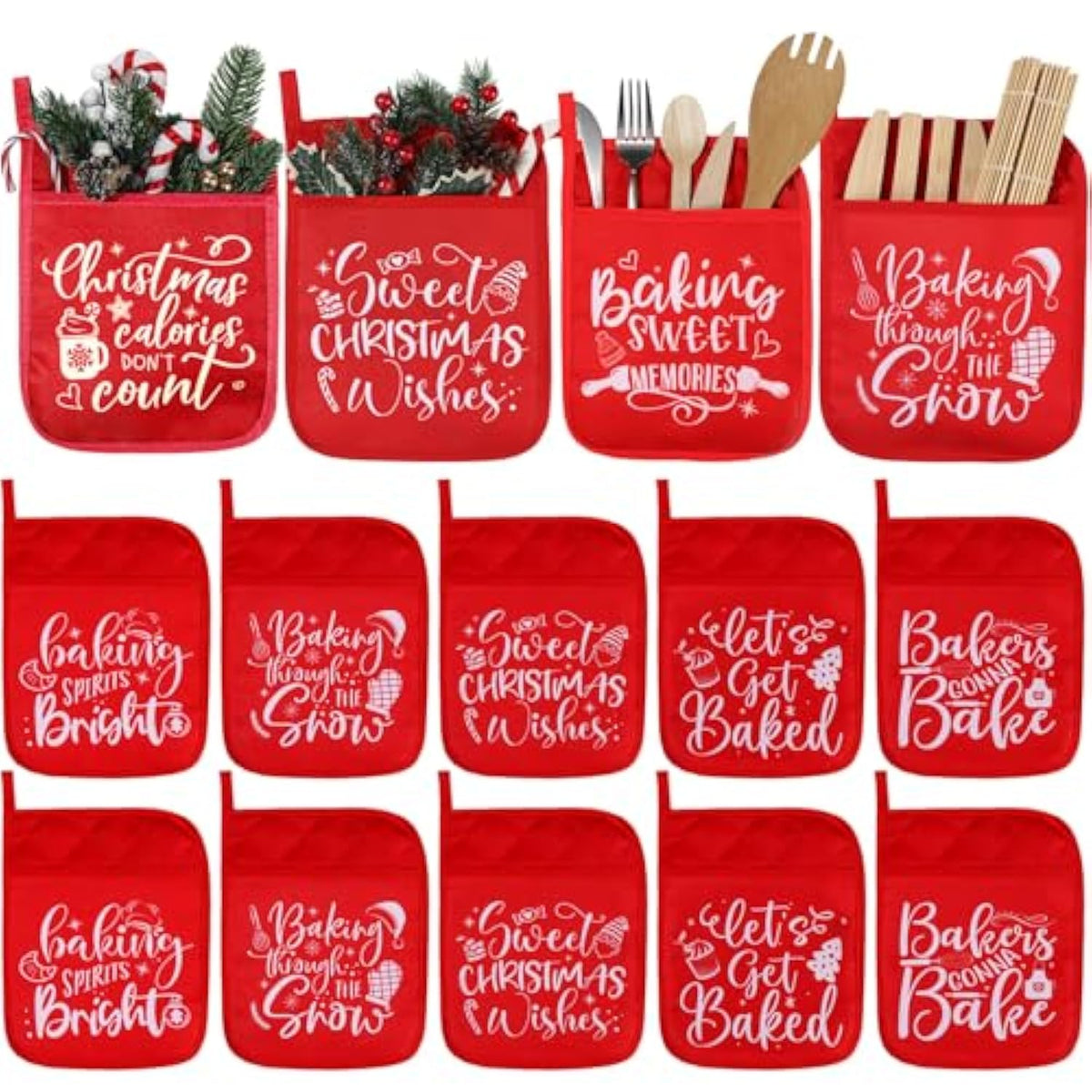 10 Pcs Christmas Pot Holders With Pocket Pot Holder Potholder Gift Hot Pads Heat Resistant Oven Mitts Cookie Bag For Kitchen Baking Cooking (Red,Simple)