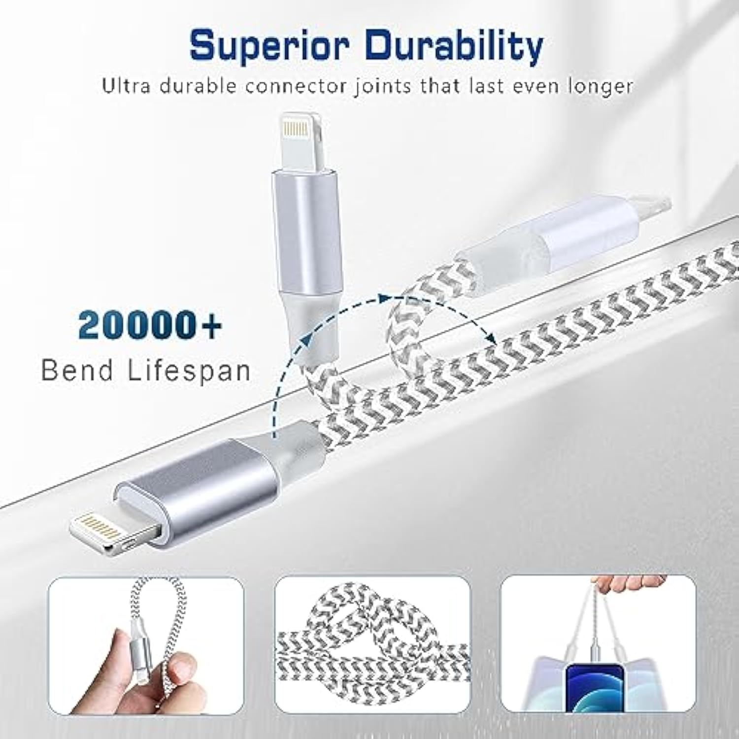 2-Pack 1Ft Apple MFi Nylon Braided Lightning Cable Fast Charging for iPhone and iPad