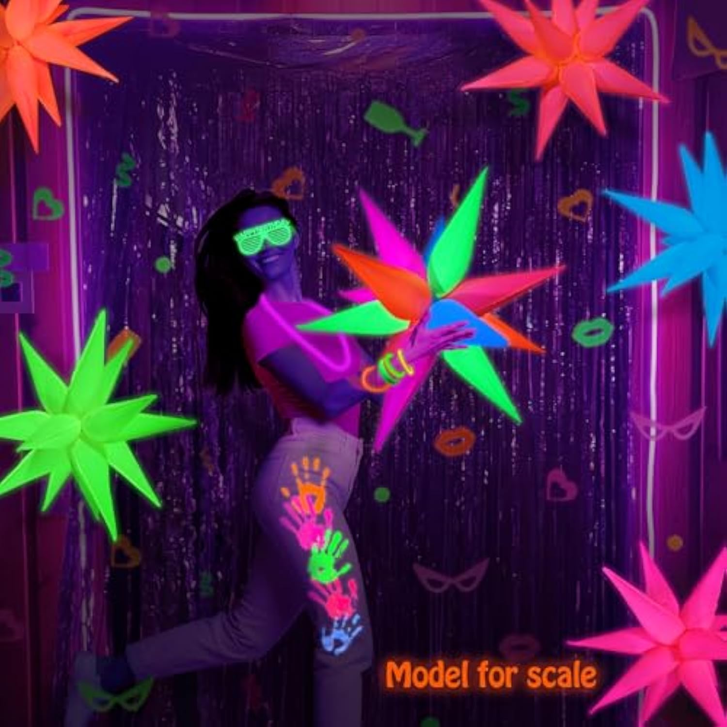 Mega-L Glow Glow In The Dark Party Supplies, 5 Pcs Neon Star Balloons Kit – Neon Foil Explosion & 12 Pt Cone Balloons For Arches/Garlands. Perfect For Birthday, Wedding, Anniversary, Graduation Party