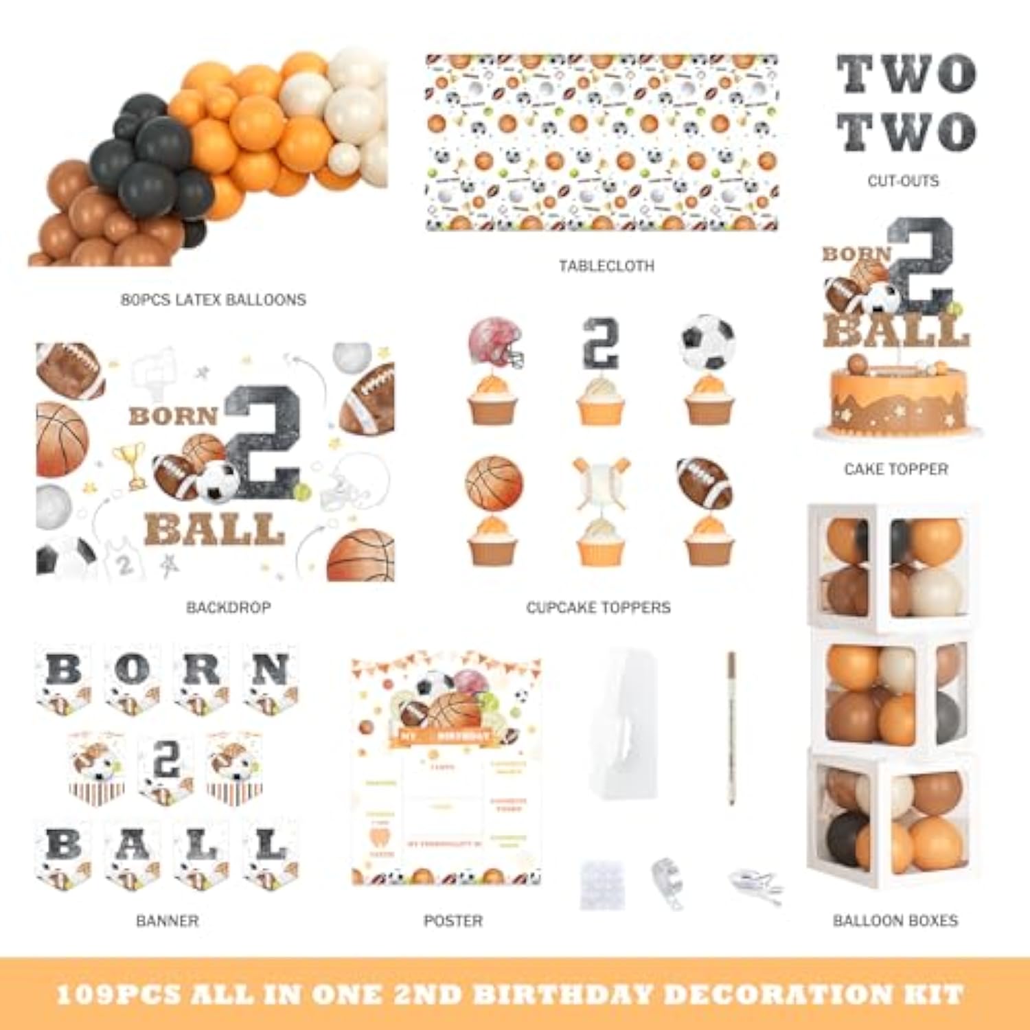 Born 2 Ball Birthday Decorations, 2Nd Birthday Decorations For Boys, Sports Theme Backdrop Balloon Banner Box Tablecloth For Basketball Football Soccer 2 Year Old Birthday Party Supplies