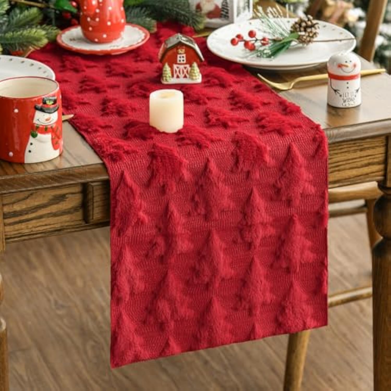 Christmas Trees Red Soft Plush Faux Fur Jacquard Christmas Table Runner, Holiday Kitchen Dining Table Decoration For Home Party Decor 13X72 Inch