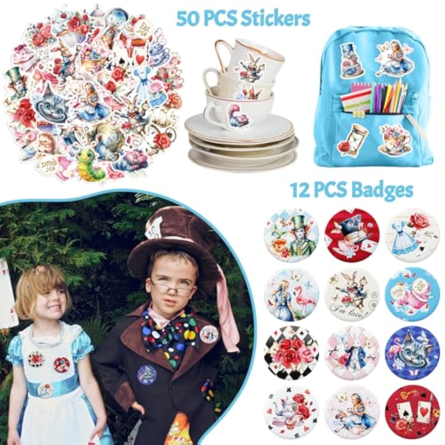 Alice In Wonderland Party Favors For Kids - 98Pcs Birthday Gift Set With Bracelets, Keychains, Tattoos, Stickers & Pins, Mad Hatter Tea Party Theme Supplies