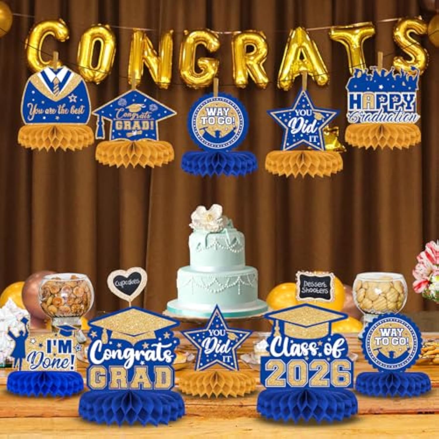 8Pc Class of 2026 Graduation Table Decorations Blue Gold Centerpieces