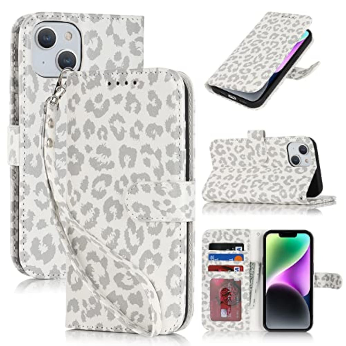 Premium PU Leather Wallet Case with Card Holder and Wrist Strap for iPhone 13/14, 6.1 Inch, White Leopard