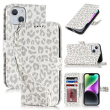 Premium PU Leather Wallet Case with Card Holder and Wrist Strap for iPhone 13/14, 6.1 Inch, White Leopard