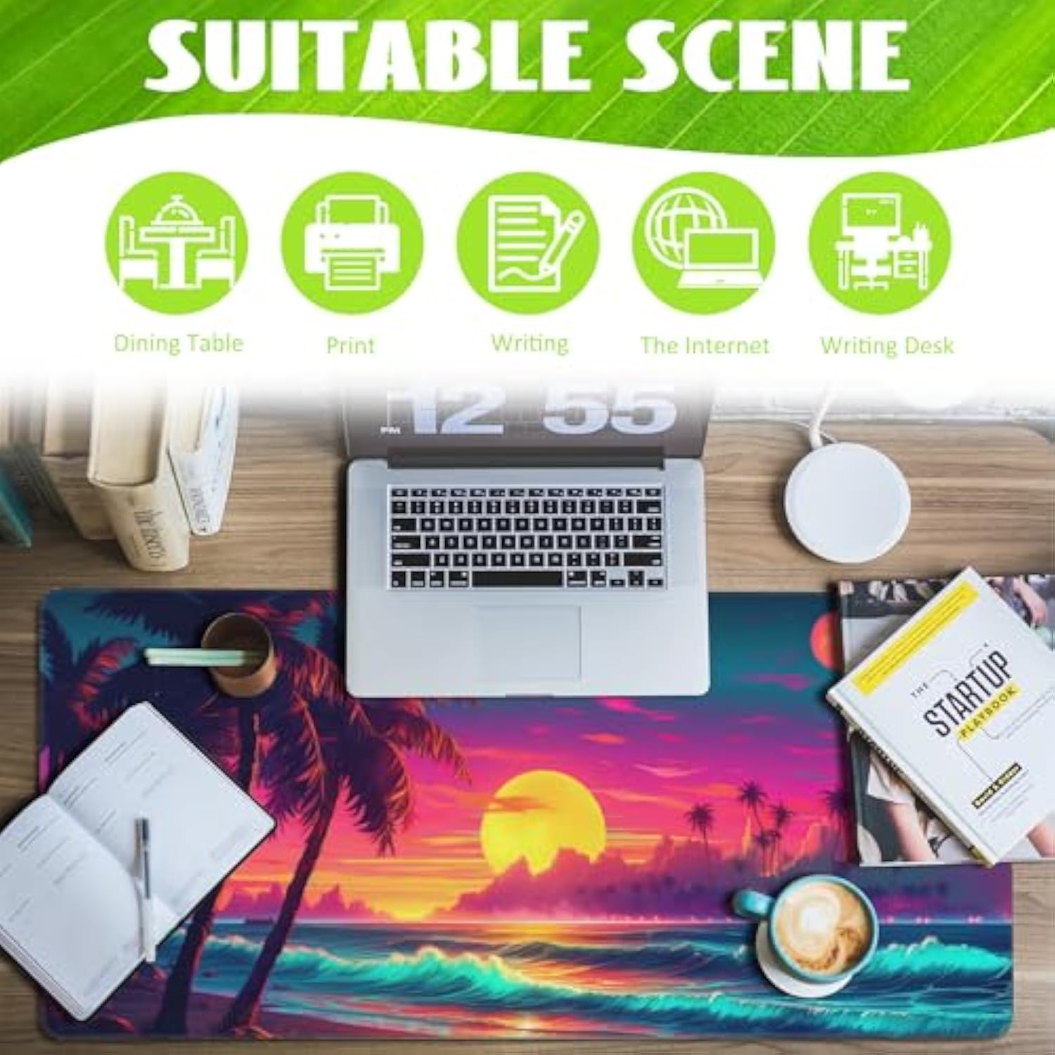 Desk Mat, Science Fiction Beach Sunset Desk Pad, Neon Design Beach Large Gaming Mouse Pad, Extended Big Computer Keyboard Mouse Pad With Non-Slip Base And Stitched Edge, 35.4"X15.7"