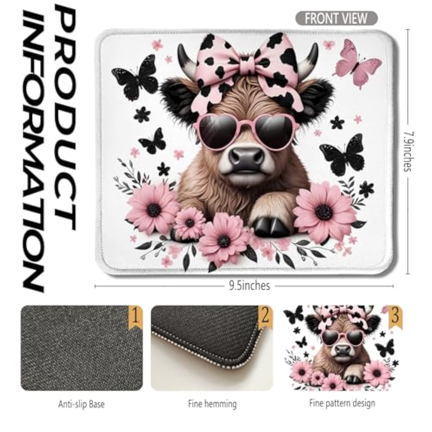 Highland Cow Mouse Pad, Coquette Pink Bow Floral Cow Mouse Pads For Wireless Mouse Computers Laptop Desk Accessories, 9.5X7.9 Inch