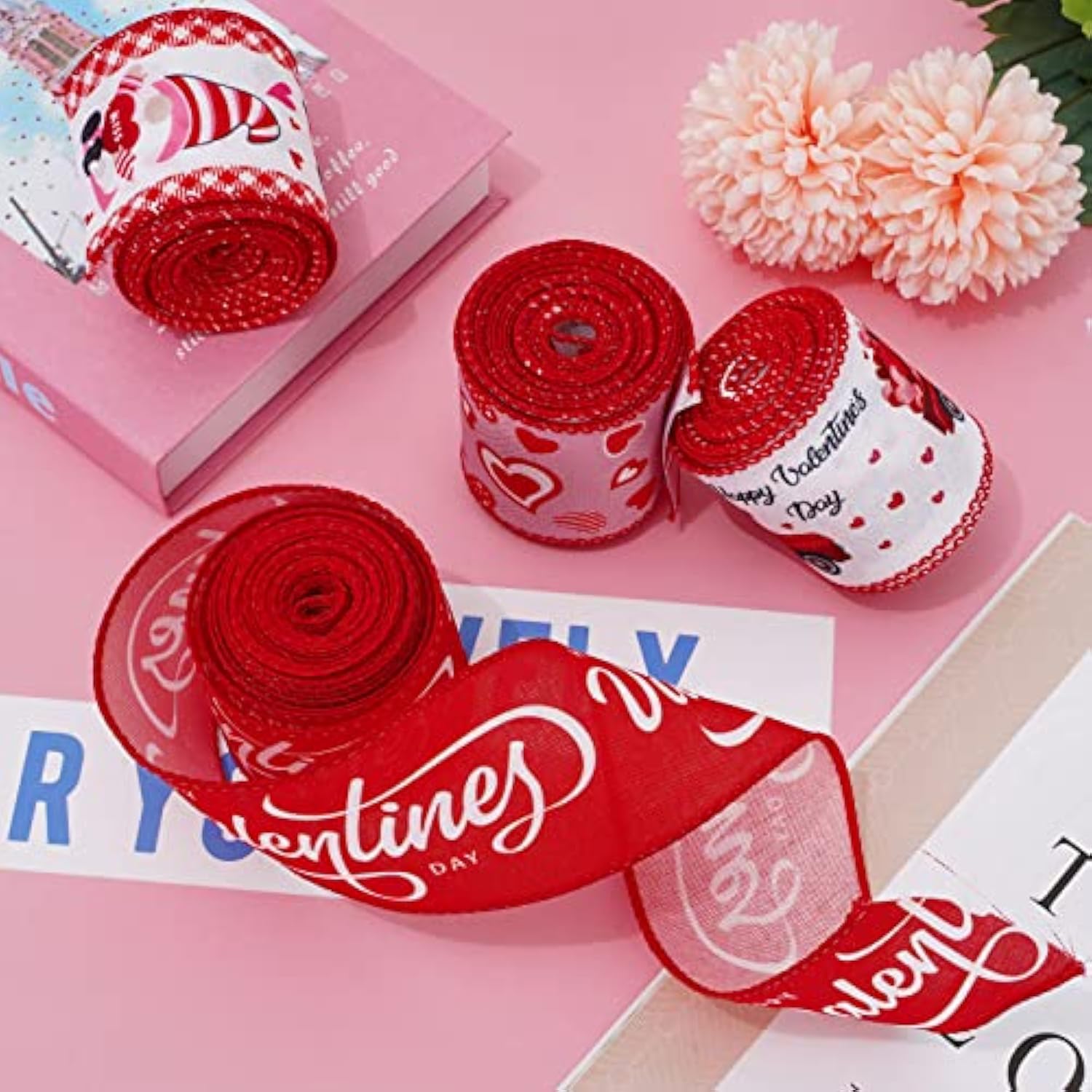 Valentine'S Day Wired Edge Ribbon 2.5 Inch Red Pink Heart Love Gnome T