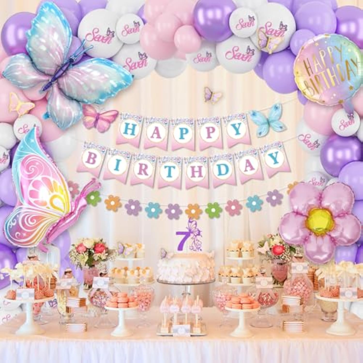 95pcs 7th Birthday Decor for Girls with Banner, Butterflies & Pink Purple Balloons