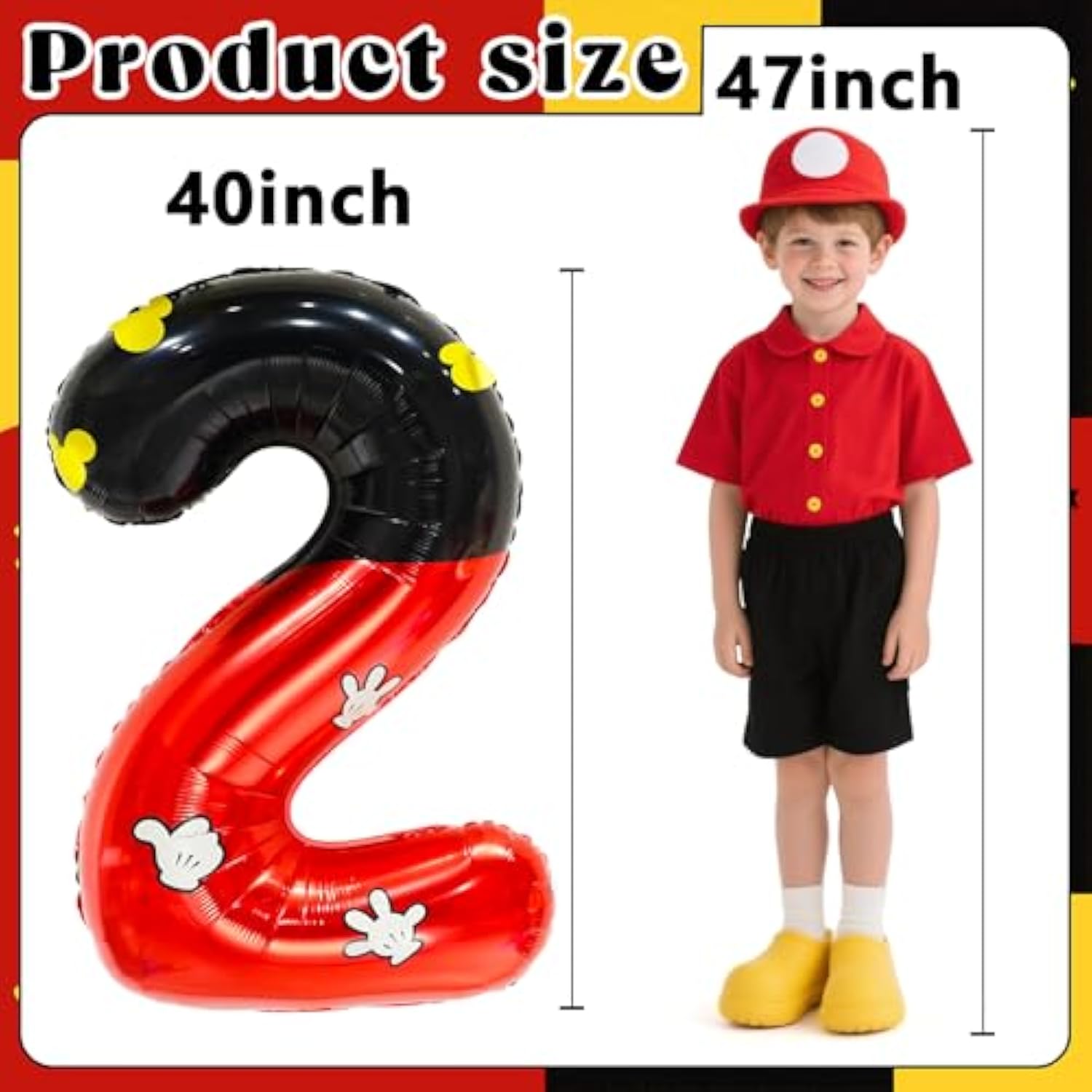 40" Black & Red Mouse Number 2 Balloon — Giant Mickey-Style Party Decor