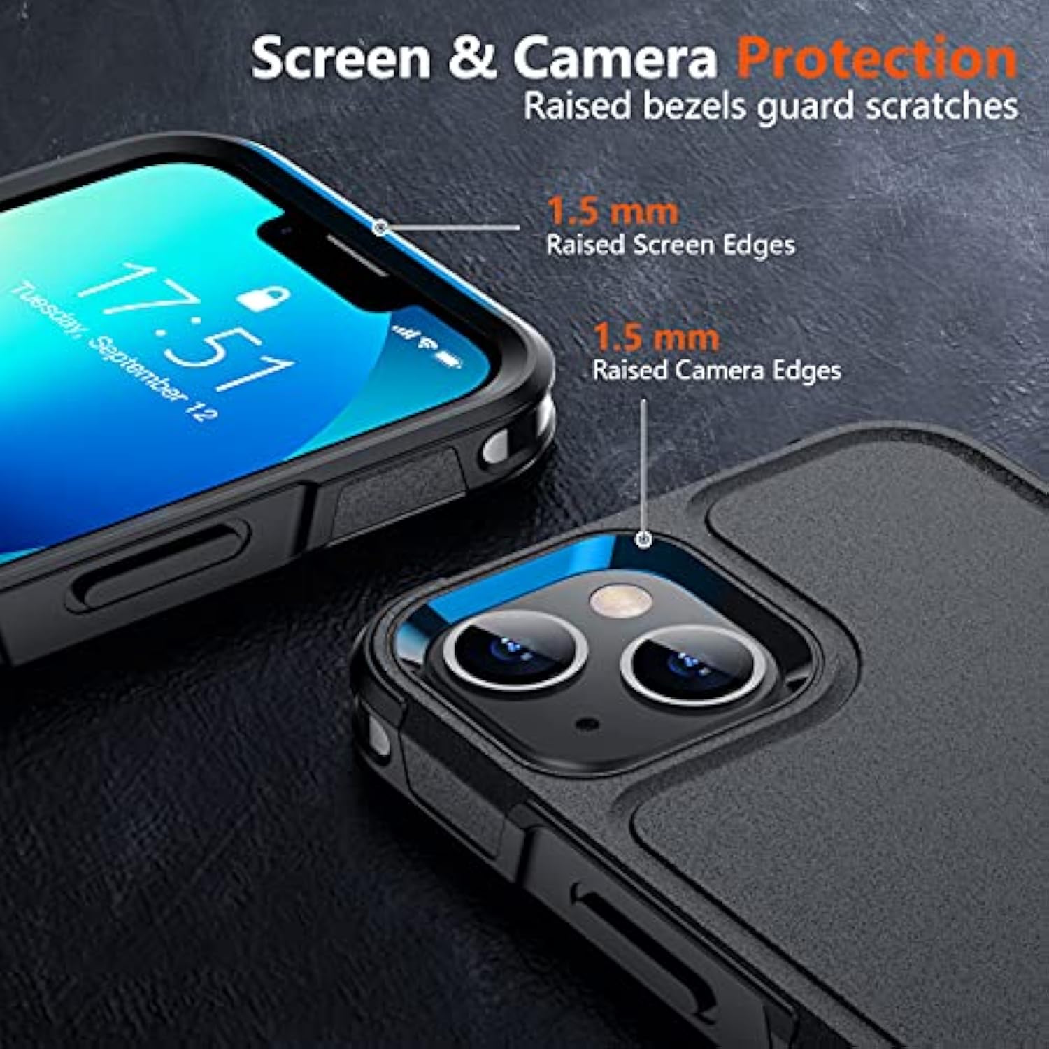 iPhone 13 Case with 10Ft Military Drop Protection & 2 Tempered Glass Black