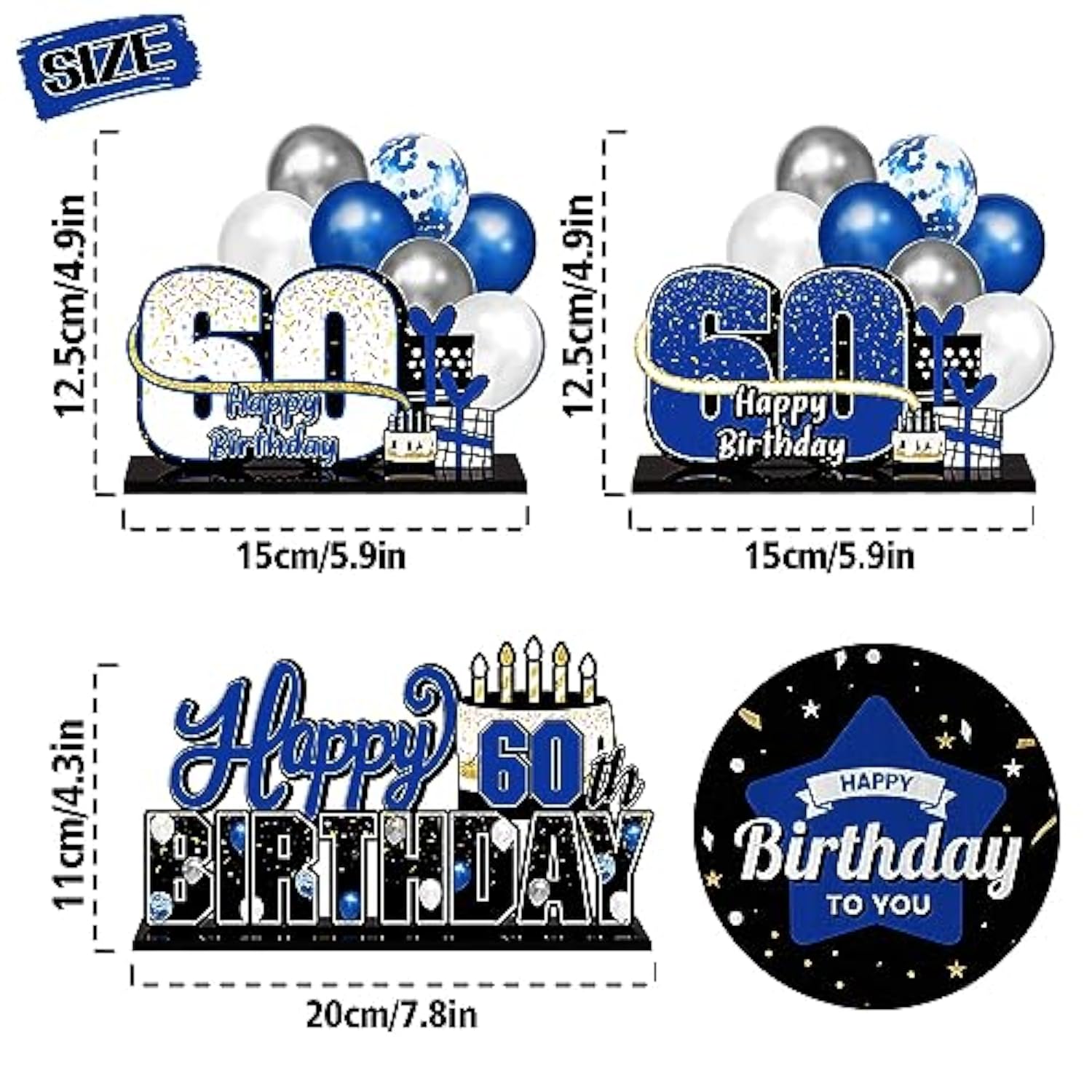 Happy 60Th Birthday Blue Acrylic Table Topper Centerpieces Set - Cheers To Sixty Years Old Birthday 60Th Bday Party Gift Decorations.